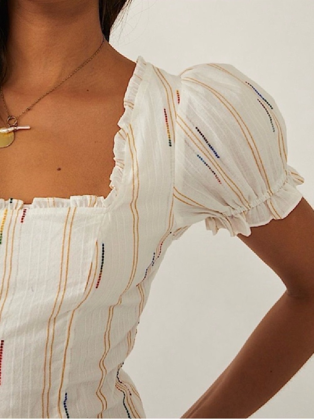 🌈▫️ Free People Cream Seratonin Corset Smocked Square-Neck Top Multi-Stripe ▫️🌈 - Picture 4 of 9